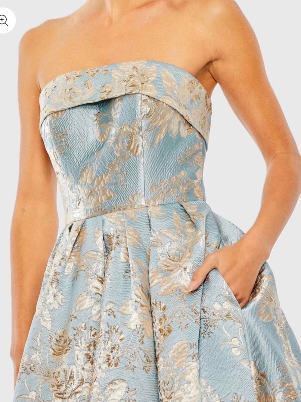 Strapless Blue Floral Brocade Midi Dress - Picture 4 of 5